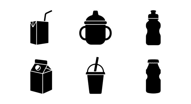 Drink Container Icons: Juice Box, Sippy Cup, Water Bottle, Milk Carton