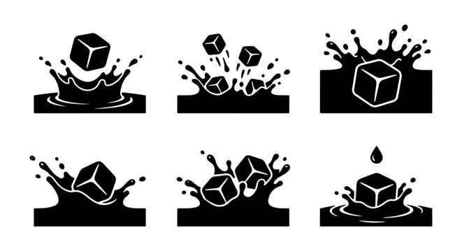 Ice Cubes Splashing in Liquid, Refreshing Drink Elements, Cool Beverage Icons