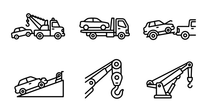 Tow Truck Icons, Vehicle Recovery Vector Set, Roadside Assistance Graphics