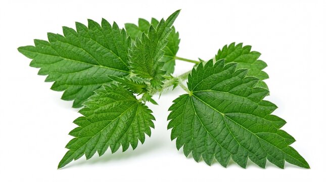 Fresh green stinging nettle leaves on a white surface