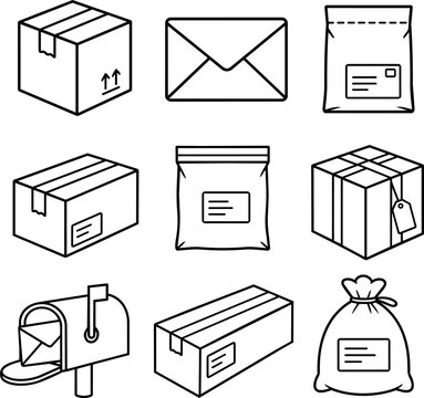 Postal and shipping package outline set with boxes mailers envelopes and mailbox