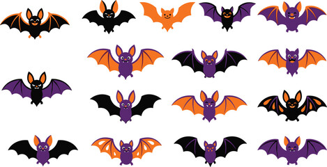 Obraz premium Cute Halloween Bat Character Collection Flat Vector Set with Colorful Flying Cartoon Animal Icons