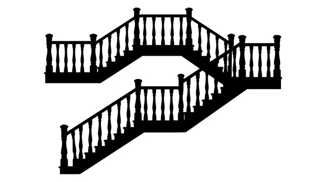 Silhouette of classic wooden staircase with ornate balusters and handrail