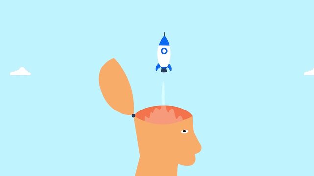 Creative mind startup rocket launching from an open human head concept.