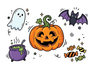 Fototapeta premium Cute Halloween Doodle Collection with Pumpkin Ghost Bat and Cauldron for Kids Party Invitation Design