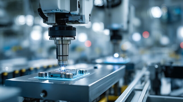 Close-up of automated precision manufacturing equipment processing electronic components. Concept of industrial automation, engineering, smart manufacturing and high technology production.