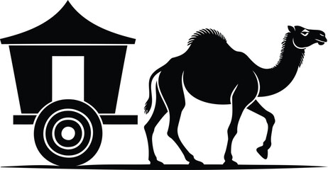 Black silhouette camel pulling a cart with a pointed roof one sentence © Kahima