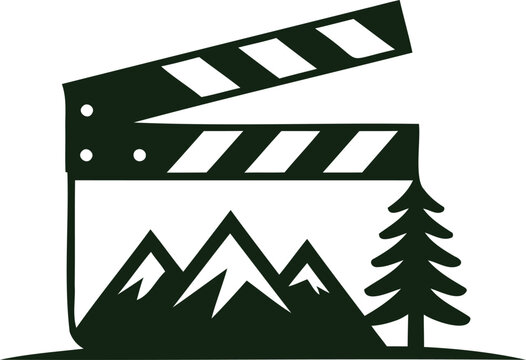 Movie clapper with mountains and tree landscape scene graphic