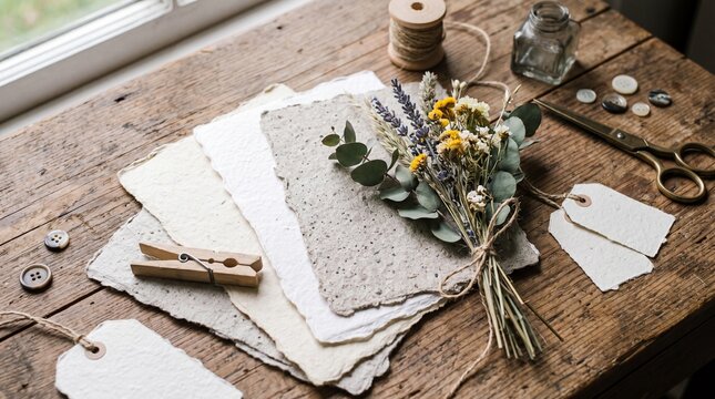 Blank paper sheets with dried flowers on a rustic wooden table