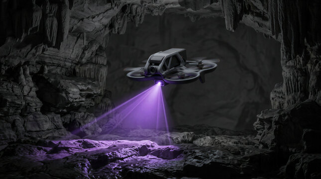 Drone exploring dark cave with infrared purple light beam. Autonomous unmanned aerial vehicle scanning rocky cavern. Futuristic high tech surveillance, industrial inspection concept.