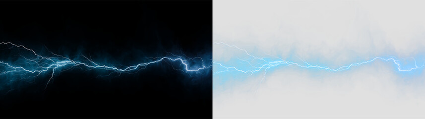 Fototapeta premium Lightning bolt on a transparent background with blue tones and foggy elements showing energy and natural power