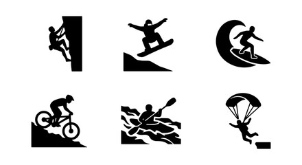 Extreme Sports Icons Set: Climbing, Snowboarding, Surfing, Biking, Kayaking, Skydiving Vector Graphics © Sakil