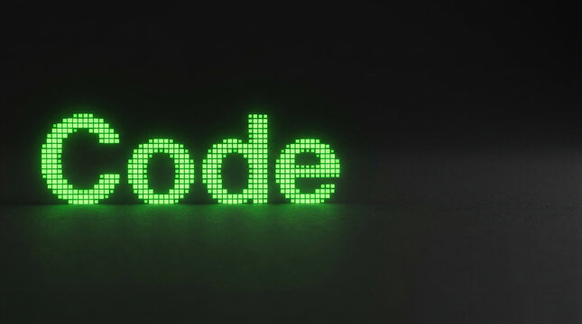 Word code written in glowing green pixel letters on dark background. Digital innovation and programming concept. Technology development and software engineering symbol.