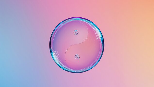 Circular yin-yang symbol with gradient background featuring soft pink and blue hues, representing balance and harmony in a minimalist design