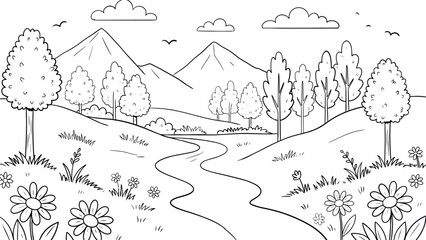 Fototapeta premium Black and white line of a landscape with mountains, river, and flowers