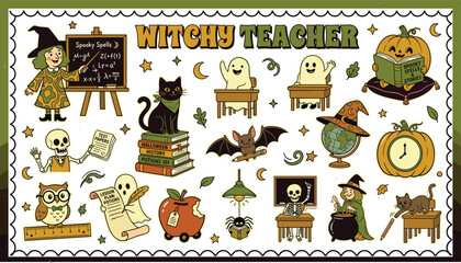 Naklejka premium Witchy teacher halloween vector set with spooky classroom elements, ghost students, skeleton, books, apple and witch characters