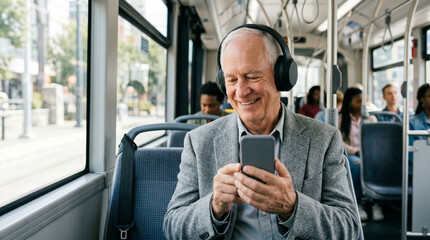 Fototapeta premium Senior man using smartphone while riding public bus.