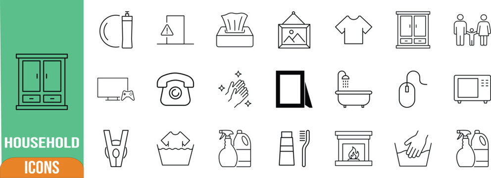 Everyday household objects and activities. closet icon set, television icon set, microwave icon set