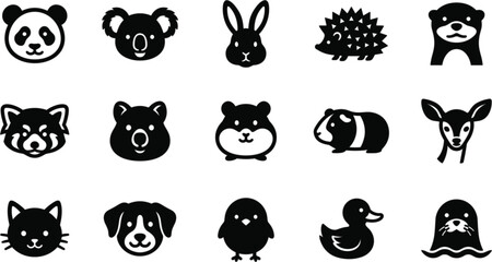 Obraz premium Cute Animal Face Silhouette Icon Collection Featuring Panda Koala Rabbit Hedgehog Otter Hamster and Pet Wildlife