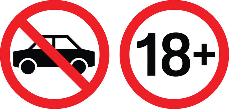Restricted vehicle and age 18 plus warning sign icons