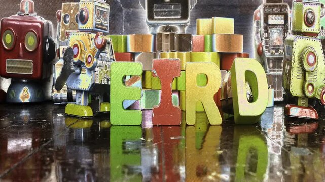 Retro bot, make the word WEIRD stop motion animation 