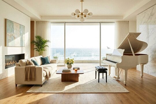 modern living room with an upright piano with full length windows, looking out to the sea