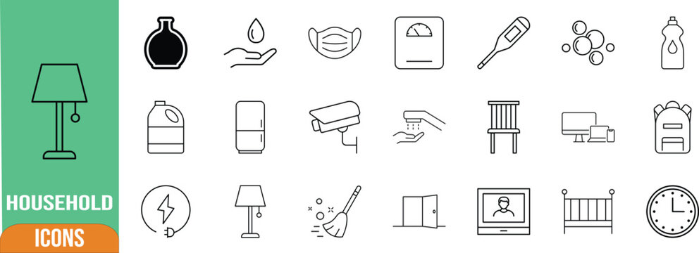 Household items and daily life icons. mask icon set, lamp icon set, thermometer icon set