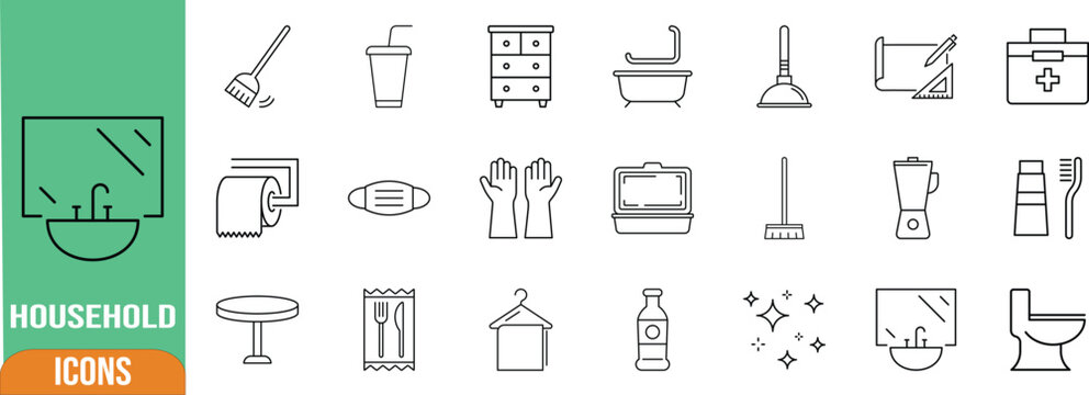 Household items and cleaning supplies. toilet icon set, bathtub icon set, broom icon set