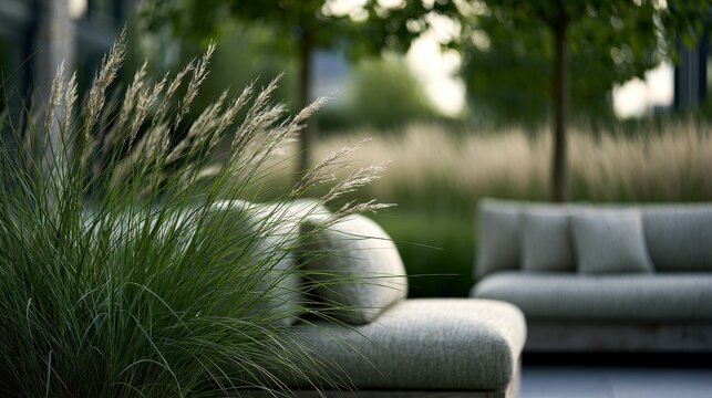 Close-up of lush ornamental grass in a modern garden with soft outdoor sofas under gentle light. Concept for luxury outdoor living.