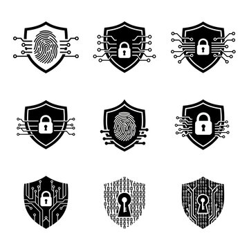 Cybersecurity Shield Icons: Fingerprint, Padlock, Circuit Board, Binary Code