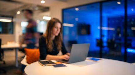 Fototapeta premium Professional woman working on laptop in modern office at night with blue ambient lighting and blurred colleagues in background creating cinematic corporate work environment
