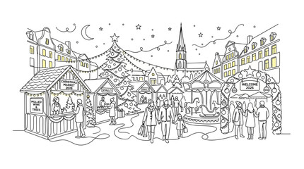 Fototapeta premium Festive Christmas Market Scene with People Carousel and Large Tree in Continuous Line Art Style