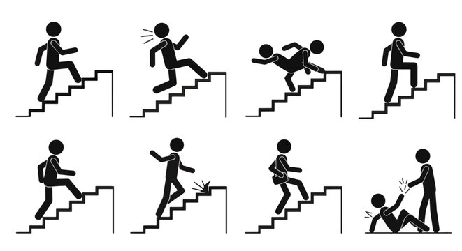 Vector set of black stick figure icons showing staircase actions: climbing, running, tripping, falling, and helping others. Isolated on a white background for design utility.