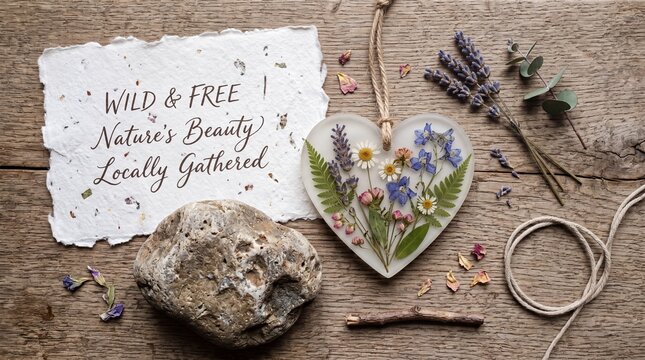Pressed flower heart pendant with note on rustic wood table