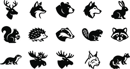 Fototapeta premium Forest Wildlife Animal Silhouette Icon Collection Featuring Deer Wolf Bear Rabbit Beaver Raccoon and Woodland Fauna