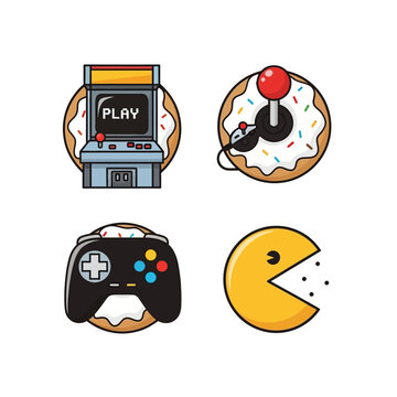 Retro Arcade Game Icons with Sweet Doughnuts - Playful Gaming Treats