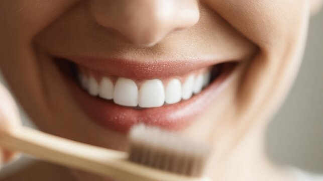 Smiling person brushes teeth in bathroom during morning routine for good dental care and hygiene