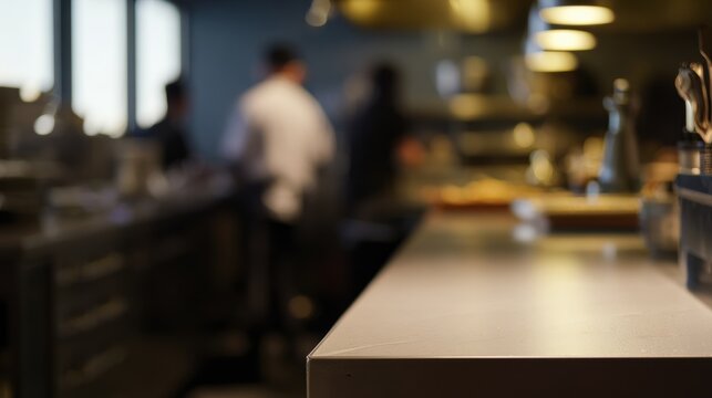 Kitchen scene with chefs preparing food in a busy restaurant during dinner service