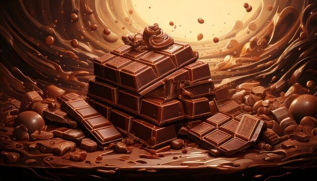 Delicious Chocolate Bar Stack with Falling Pieces and Swirls.