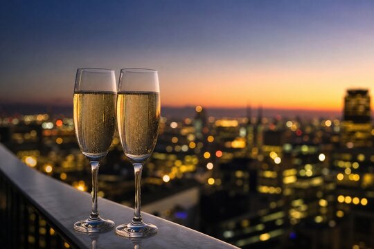 Two champagne glasses on a rooftop at dusk, with city lights creating a warm, elegant celebration atmosphere.