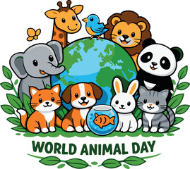 Naklejka premium World Animal Day Cute Cartoon Animals Around Earth Vector Illustration50 Keywords: