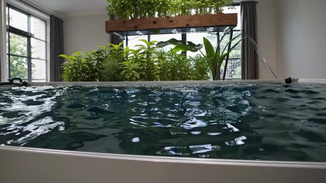 Indoor Pool Water Surface With Plants Calm Ripples Reflect Window Light And Suspended Wooden Planter Filled With Lush Greenery Subtle Fountain Jets Create Movement Modern Interior Suggests Spa