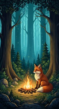 Red Fox Sitting Beside Glowing Campfire in Enchanted Forest