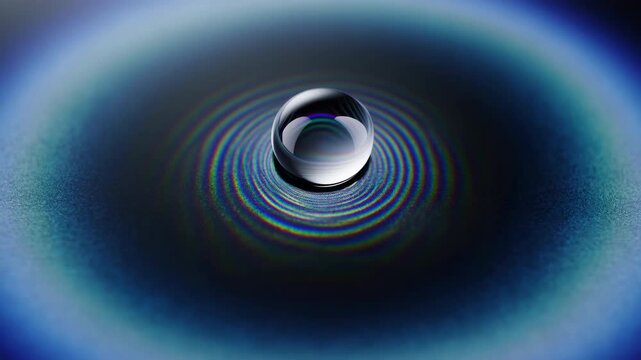 Transparent spherical droplet centered on dark textured surface with concentric iridescent rings radiating outward, creating delicate optical interference and luminous color shifts