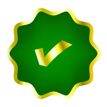 Gold Wavy Badge with Green Background and Gold Check Mark Symbol
