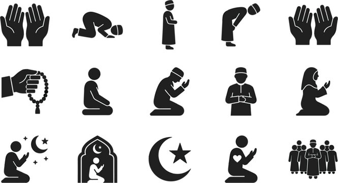 Islamic Prayer and Worship Silhouette Icon Collection Featuring Dua Salah Muslim Prayer Postures and Faith Symbols