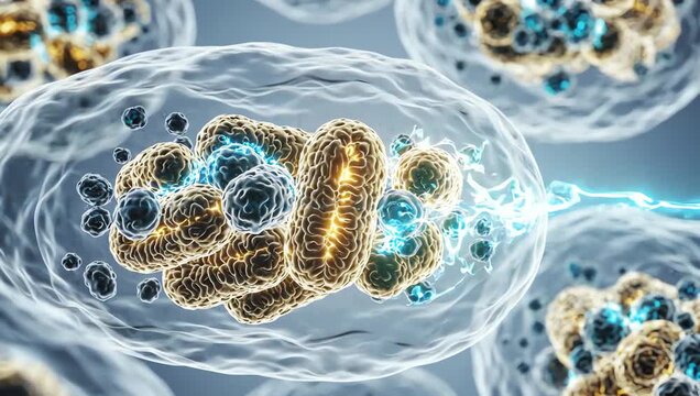 Mitochondria generating stable cellular energy after antioxidant-rich nutrition effects, glowing energy pulses spreading rhythmically through transparent human cells