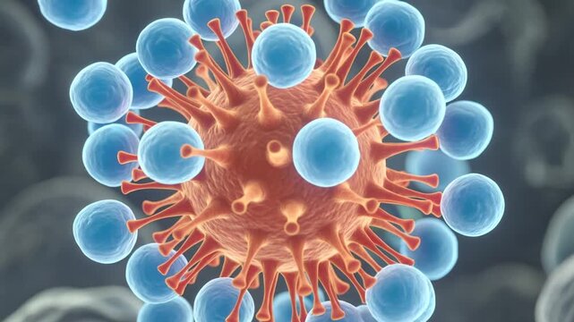 Microscopic view of virus surrounded by white blood cells