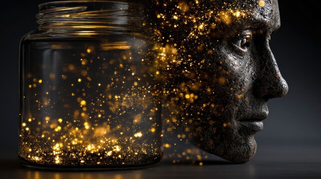 Stone human face dissolving into glowing golden particles beside transparent glass jar on black background