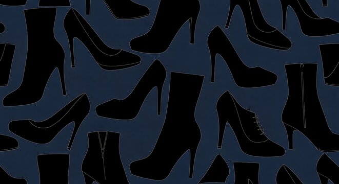 Black High Heel Shoe Silhouette Pattern on Dark Blue Background